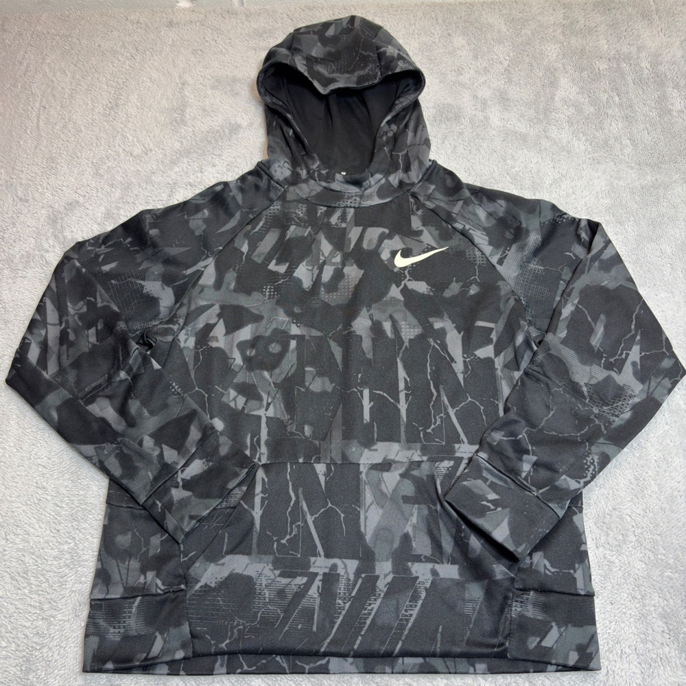 Nike Hoodie Kids XL Black Grey Dri-FIT Sporty Graphic Pullover Sweatshirt
